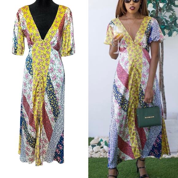 ASOS Floral Patchwork Midi Dress Button Satin Cottagecore Coquette Romantic 6 - Picture 4 of 16